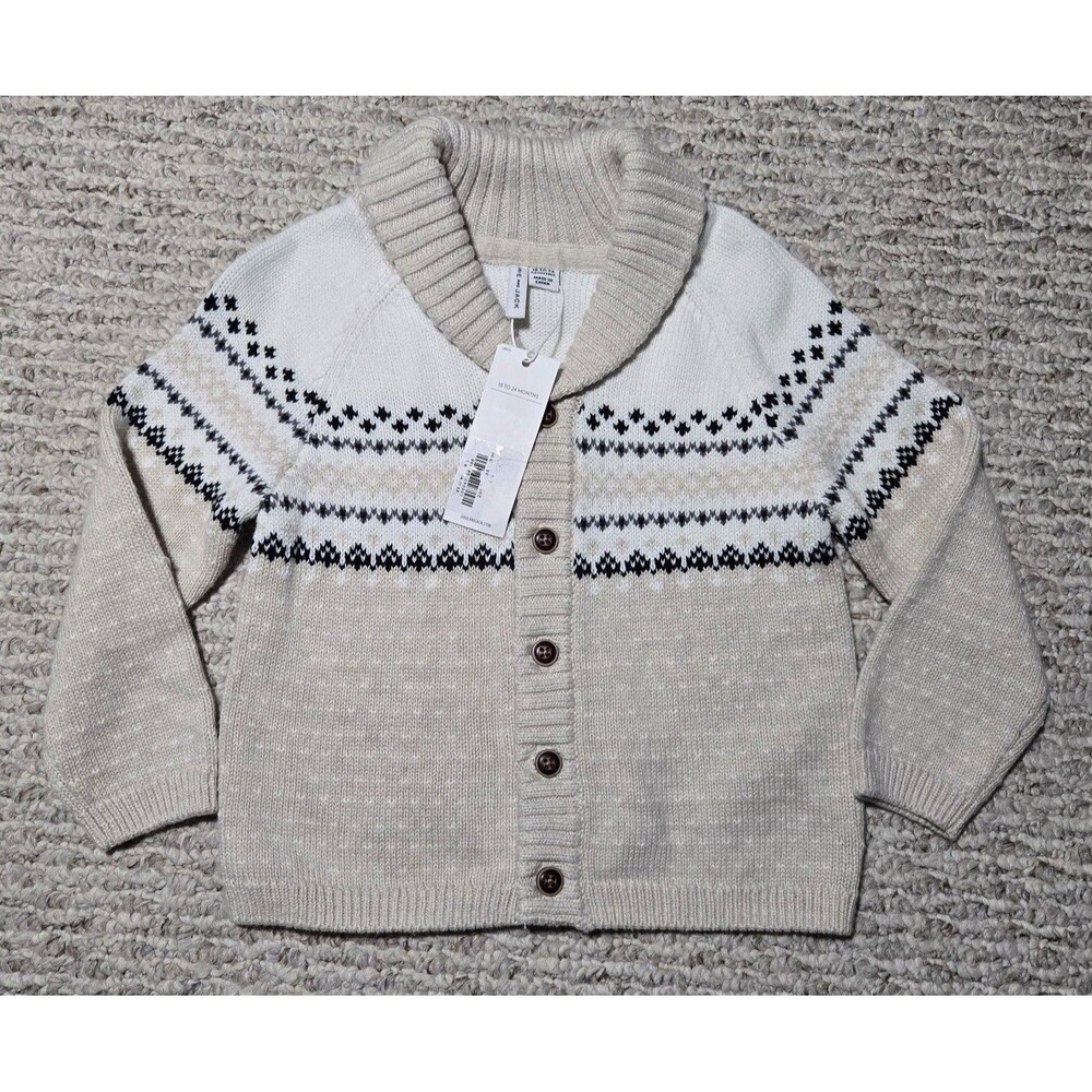 NWT Janie and Jack Fair Isle Cardigan Sweater Cream Gray Toddler 18-24 months